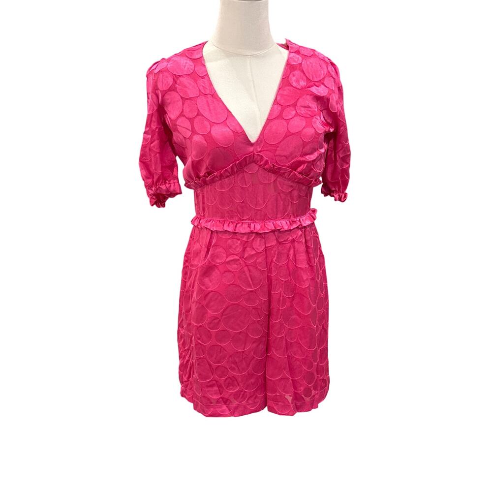 Host & Var Pink Burnout Jacquard Romper Small V-Neck Ruffle